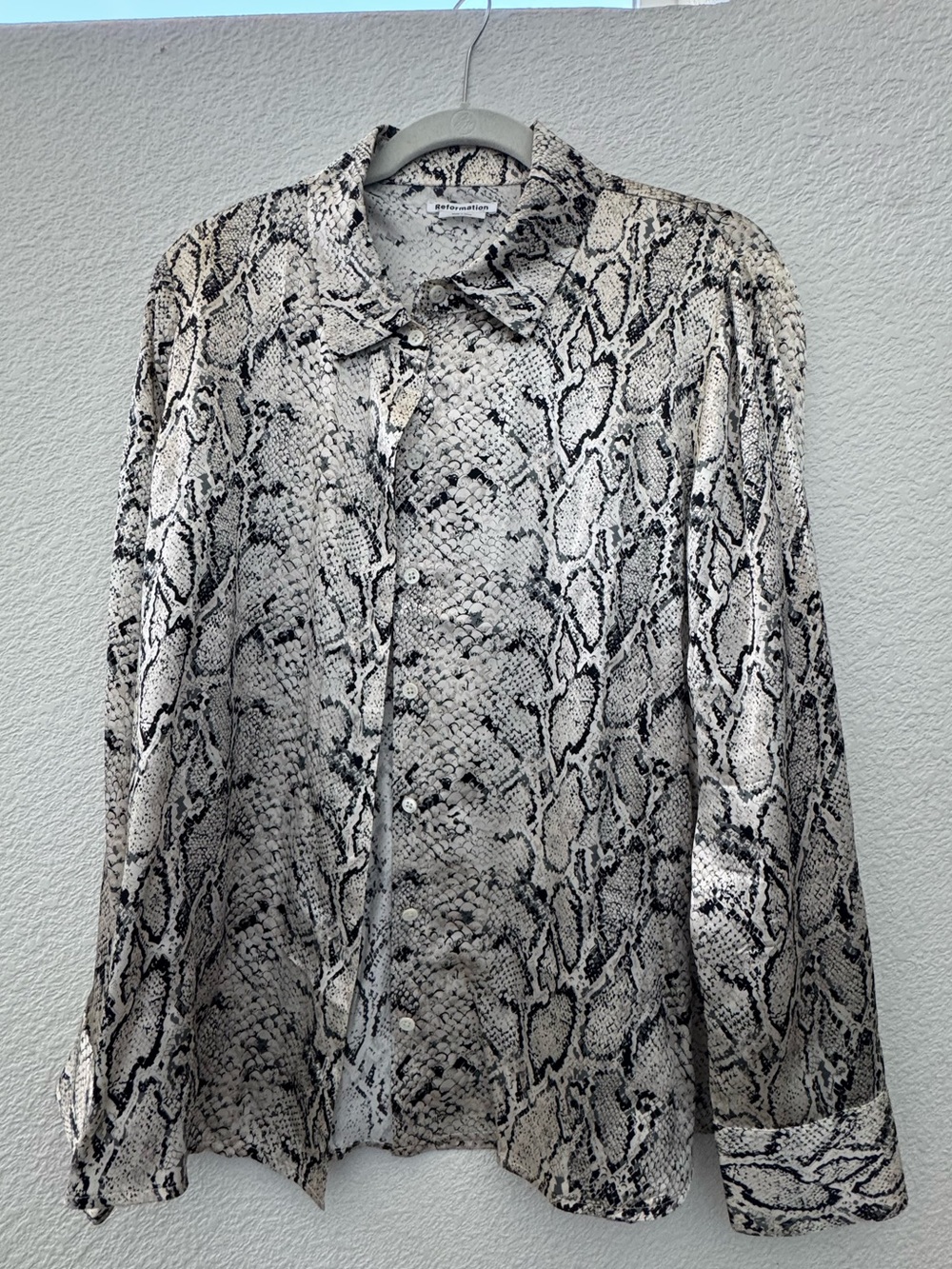 Reformation Snake-Print Button Down Shirt in Beige and Black